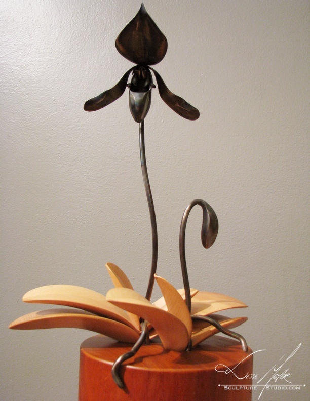 Feed Your Soul Bowl sculpture,Orchid metal sculpture,metal flower sculpture,steel & wood,Jesse Meyer,sculpture studio,Milwaukee wi