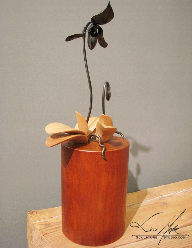 Feed Your Soul Bowl sculpture,Orchid metal sculpture,metal flower sculpture,steel & wood,Jesse Meyer,sculpture studio,Milwaukee wi