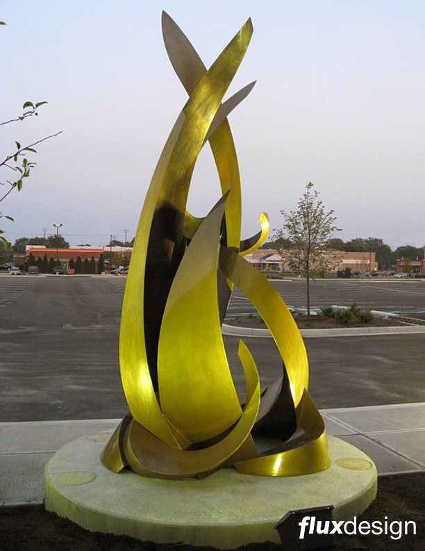 Flux Design,Kohls corporate sculpture,Large bronze flame sculpture,metal,Jesse Meyer,sculpture studio,Milwaukee wi