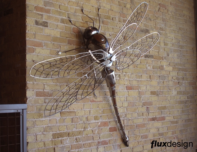 Flux Design,dragon fly metal sculpture,mechanical insect sculpture,bug sculpture,steampunk insect,steampunk bug,steampunk dragon fly,steel & wood,Jesse Meyer,sculpture studio,Milwaukee wi