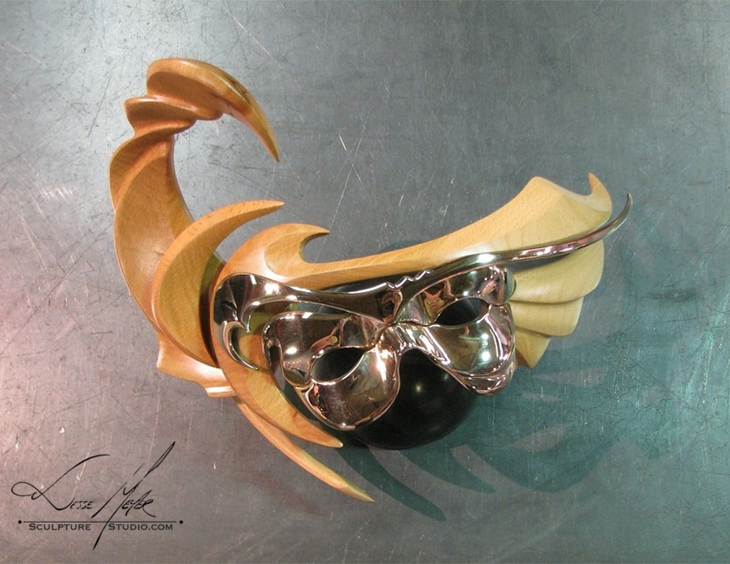 Feed Your Soul Bowl sculpture,Masquerade mask sculpture,metal sculpture,bronze mask sculpture,bronze & wood,Jesse Meyer,sculpture studio,Milwaukee wi