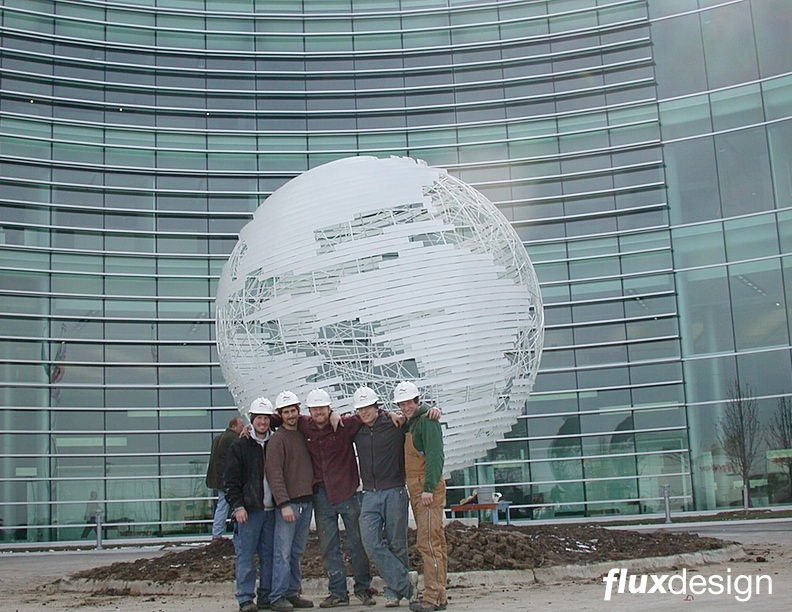 Flux Design,GE Globe corporate sculpture,Large steel sculpture,metal,Jesse Meyer,sculpture studio,Milwaukee wi