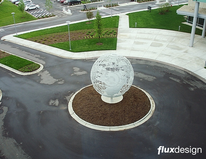 Flux Design,GE Globe corporate sculpture,Large steel sculpture,metal,Jesse Meyer,sculpture studio,Milwaukee wi